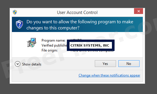 Screenshot where CITRIX SYSTEMS, INC appears as the verified publisher in the UAC dialog